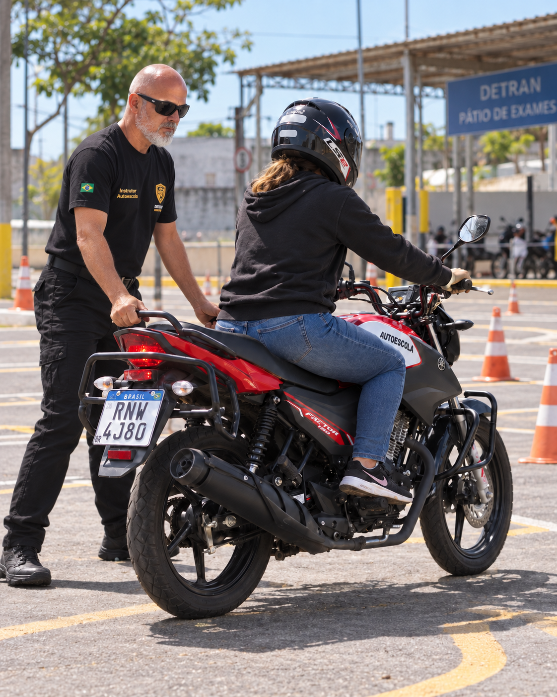 Luciano acompanhando uma aula prática de motocicleta em um pátio de treinamento