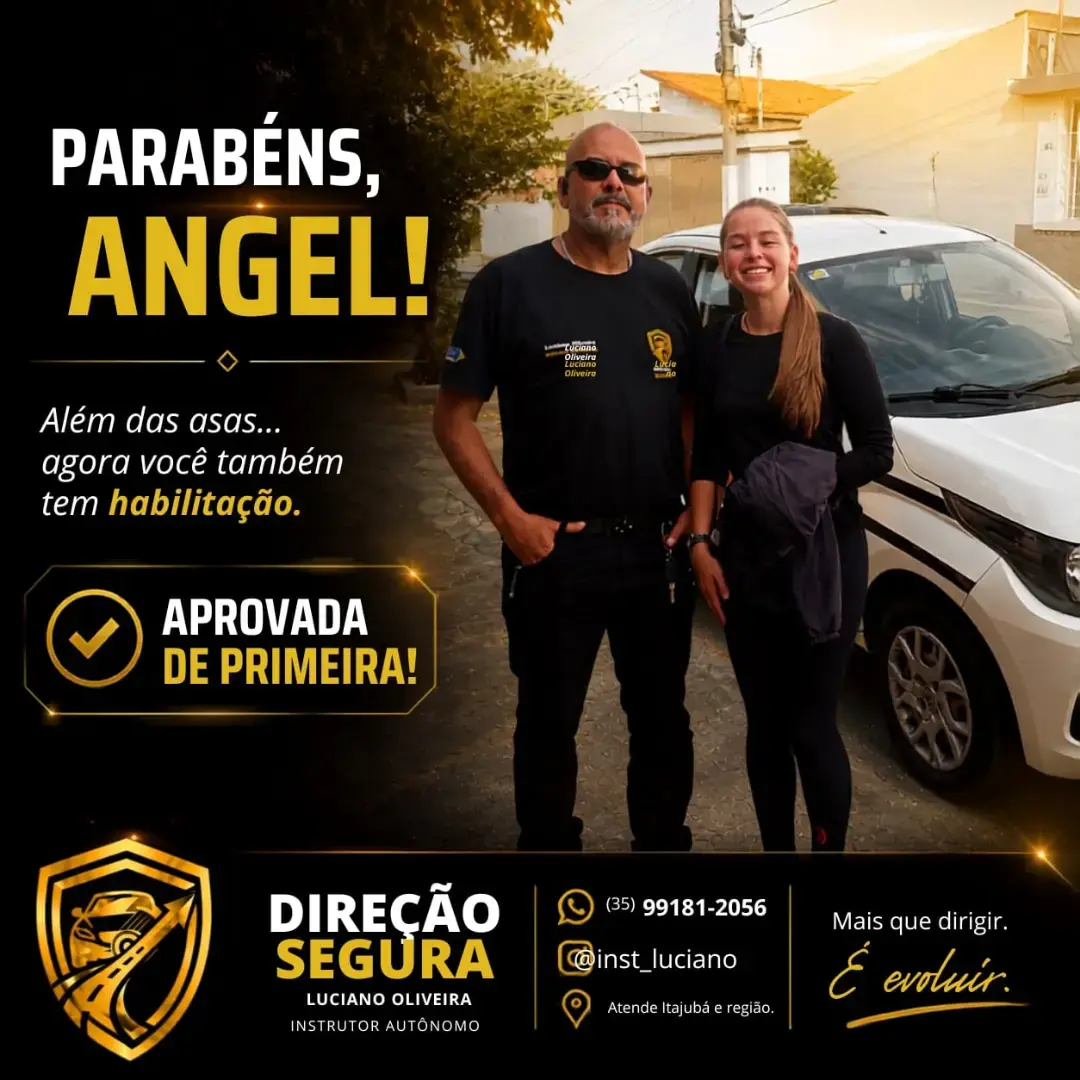 Arte da Direção Segura celebrando a aprovação de Angel ao lado de Luciano