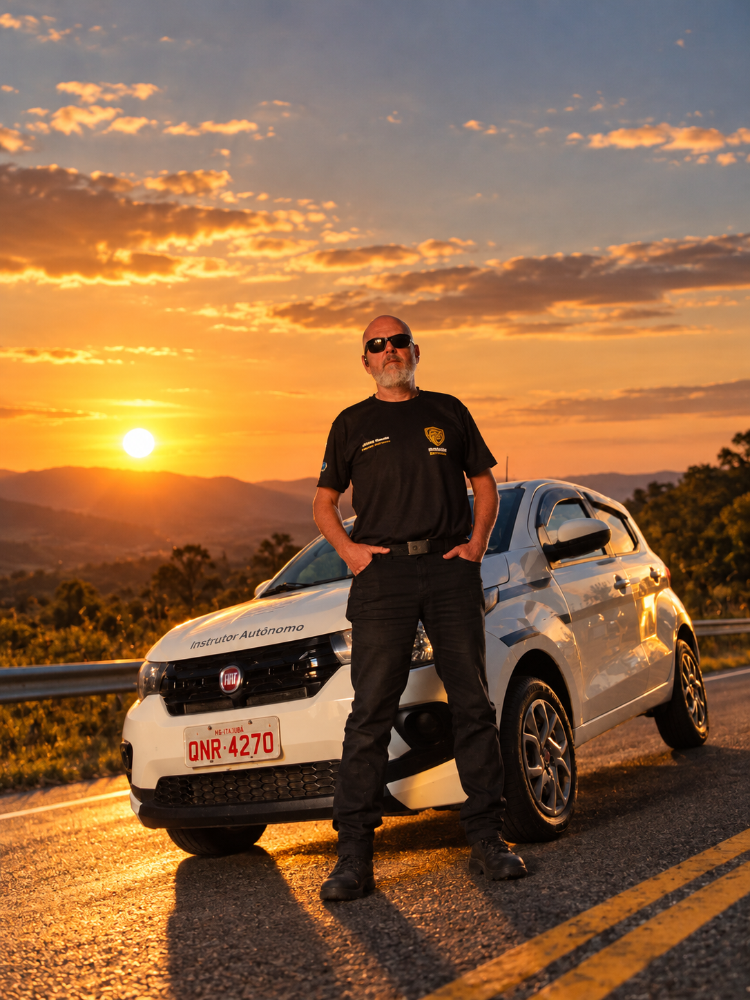 Luciano Oliveira em frente ao carro da Direção Segura ao pôr do sol